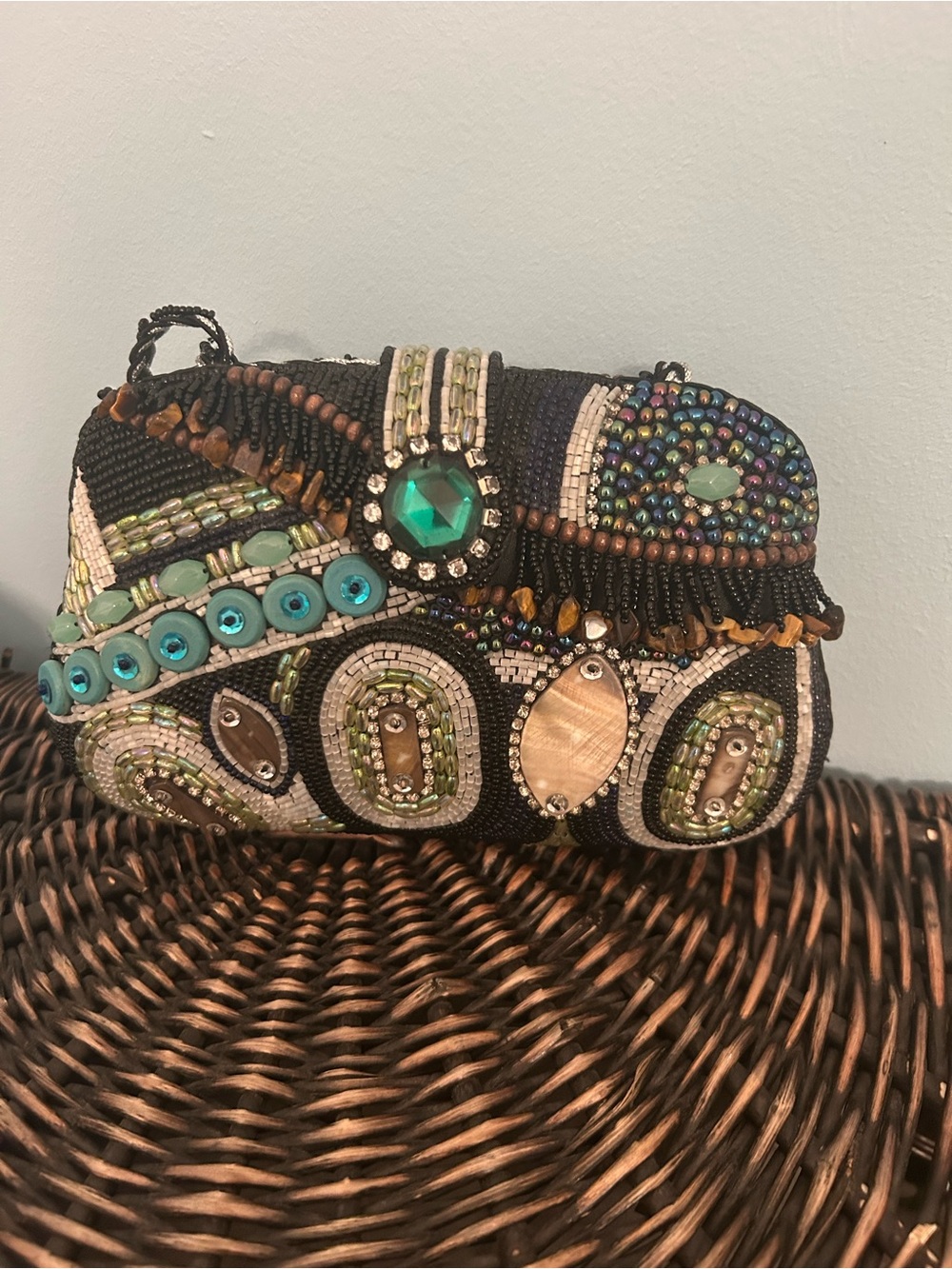 Nicole Lee Black Embellished Beaded Clutch with Green and Turquoise Accents
